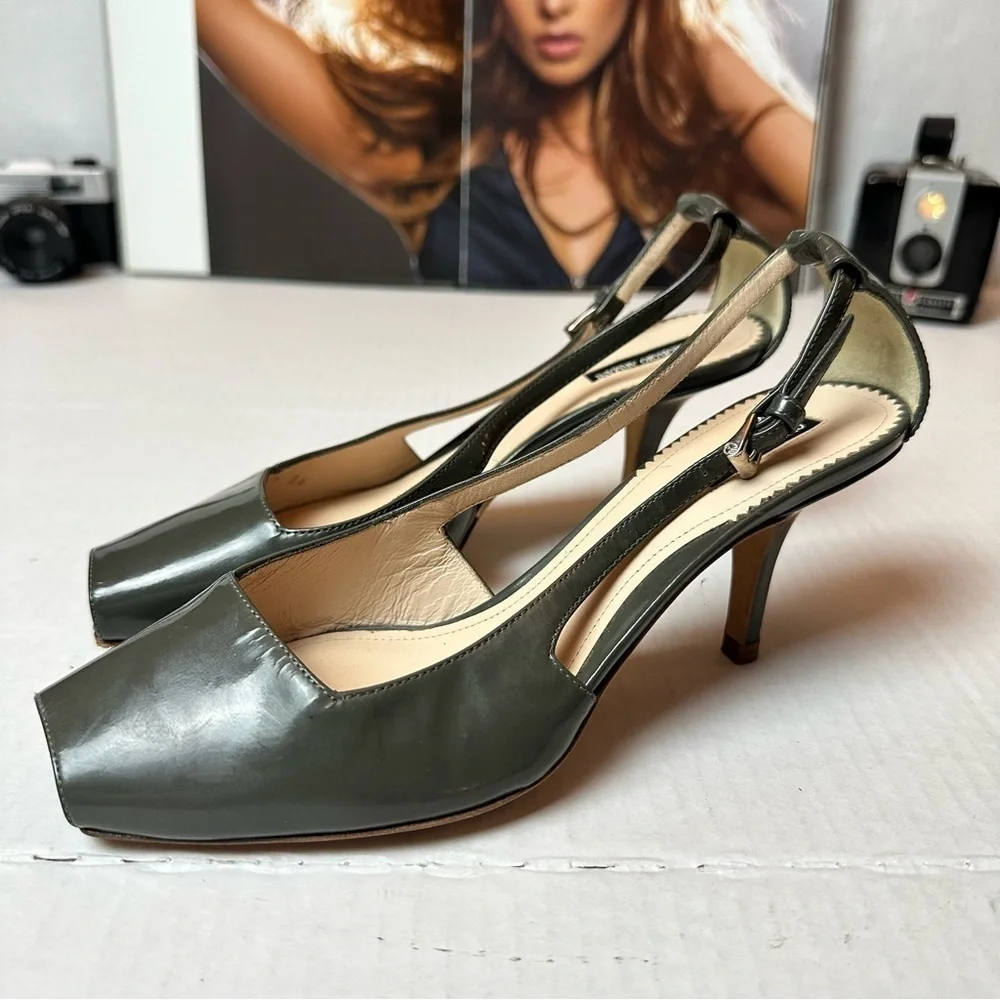 Vintage 90s Giorgio Armani Slingback Heels |  Olive Leather Quiet Luxury Pumps